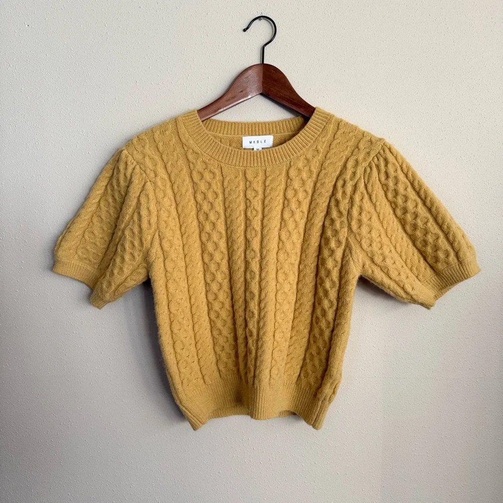 Mable Mustard Cable Knit Sweater Short Sleeve Cozy Cottagecore Medium - Picture 5 of 14